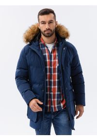 Ombre Clothing - Kurtka męska zimowa parka z kieszeniami cargo - granatowa V5 C554 - L. Kolor: niebieski. Materiał: syntetyk, poliester. Długość: długie. Sezon: zima. Styl: klasyczny #4