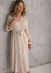 Renee - Beżowa Koszulowa Sukienka z Bawełny z Wiązanym Paskiem i Podpinanymi Rękawami Cesela. Okazja: na co dzień. Kolor: beżowy. Materiał: bawełna. Typ sukienki: koszulowe. Styl: boho, casual #3