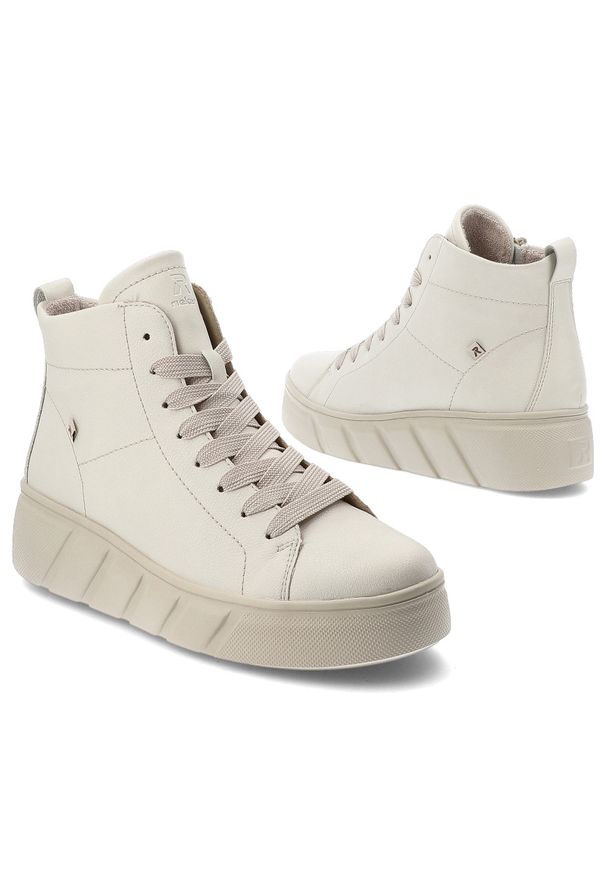 Botki damskie Rieker, revolution sof na grubej podeszwie za kostkę z okrągłym noskiem skórzane, białe, W2661-80. Okazja: na co dzień. Wysokość cholewki: za kostkę. Nosek buta: okrągły. Zapięcie: sznurówki. Kolor: biały. Materiał: materiał, syntetyk, skóra. Szerokość cholewki: normalna. Styl: elegancki, klasyczny, casual