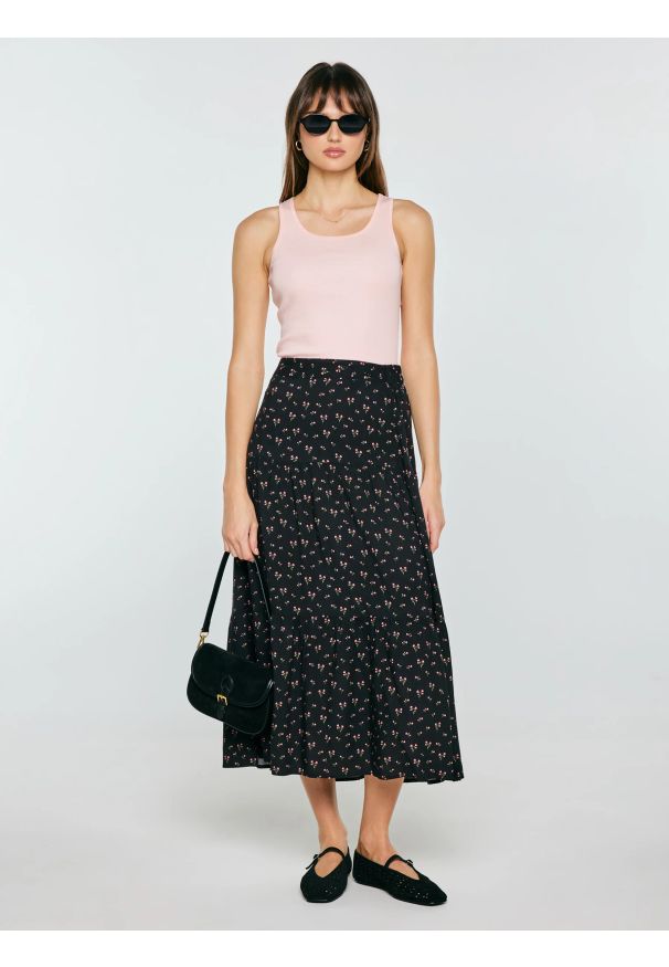 Big-Star - Spódnica damska midi z wiskozy z motywem kwiatowym czarna Vendi 906. Kolor: czarny. Materiał: wiskoza. Wzór: kwiaty. Styl: klasyczny, elegancki