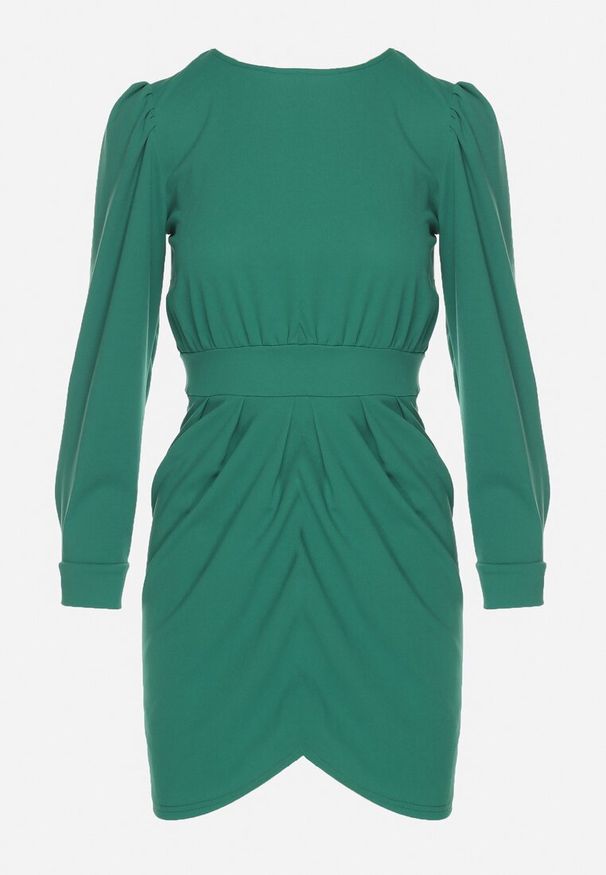 Born2be - Zielona Sukienka z Marszczeniem i Bufiastymi Rękawami Redenia. Kolor: zielony. Styl: klasyczny, elegancki