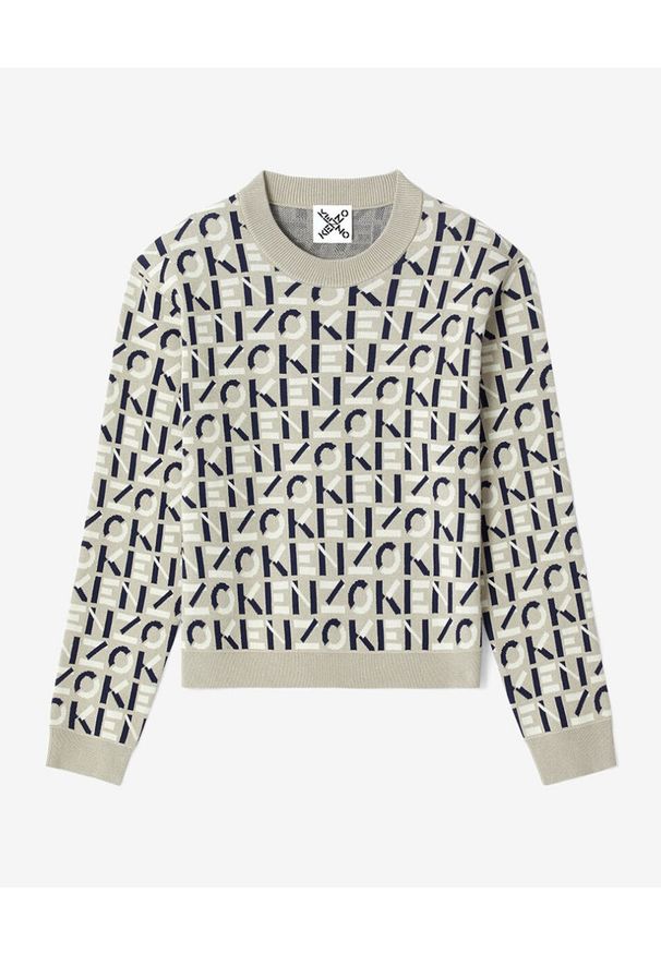Kenzo - KENZO - Żakardowy sweter z monogramem. Kolor: szary. Materiał: żakard. Długość: długie. Wzór: aplikacja. Sezon: wiosna. Styl: klasyczny
