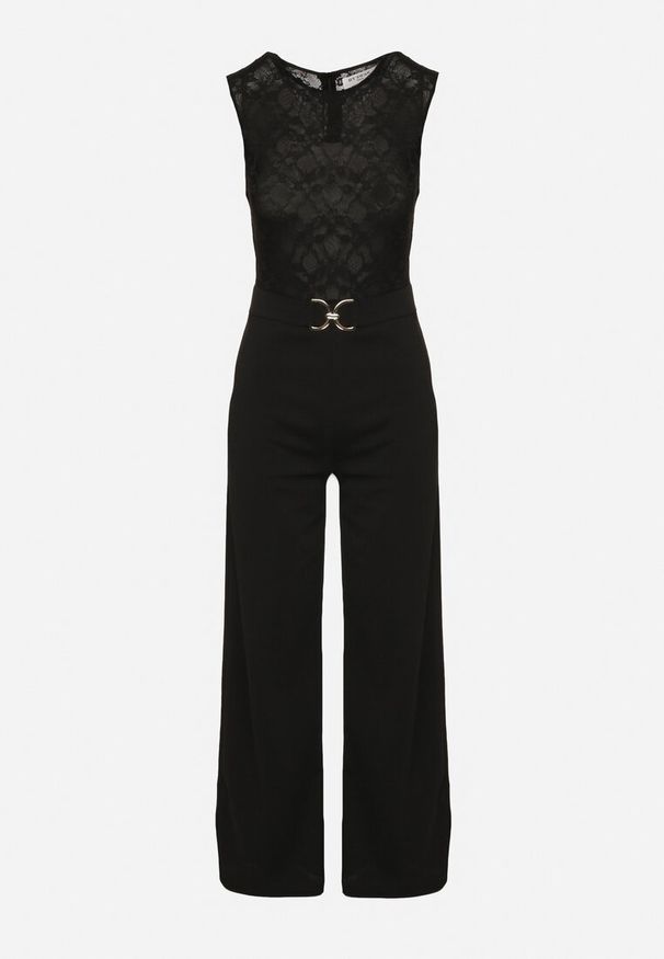 Born2be - Czarny Kombinezon bez Rękawów z Metaliczną Ozdobą i Prostymi Nogawkami Karivalle. Okazja: na co dzień. Kolor: czarny. Długość rękawa: bez rękawów. Wzór: aplikacja. Styl: casual, elegancki, klasyczny