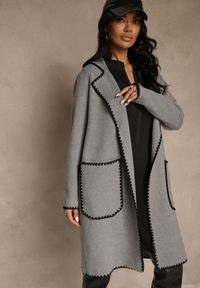 Renee - Szary Kardigan z Haftowaną Lamówką Tuscele. Okazja: na co dzień. Kolor: szary. Materiał: jeans. Wzór: haft. Styl: casual, elegancki #1