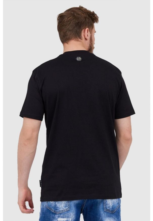 Philipp Plein - PHILIPP PLEIN Czarny t-shirt męski Round neck ss iconic plein, Rozmiar M. Kolor: czarny. Materiał: skóra, prążkowany. Wzór: aplikacja