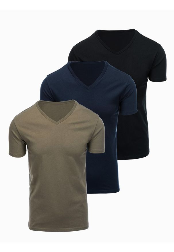 Ombre Clothing - Zestaw męskich bawełnianych t-shirtów V-neck BASIC – czarny/granatowy/ciemnooliwkowy V7 - Rozmiar: XL. Okazja: na co dzień, do pracy. Typ kołnierza: dekolt w serek. Kolor: niebieski. Materiał: bawełna. Długość: długie. Wzór: jednolity, gładki. Styl: casual