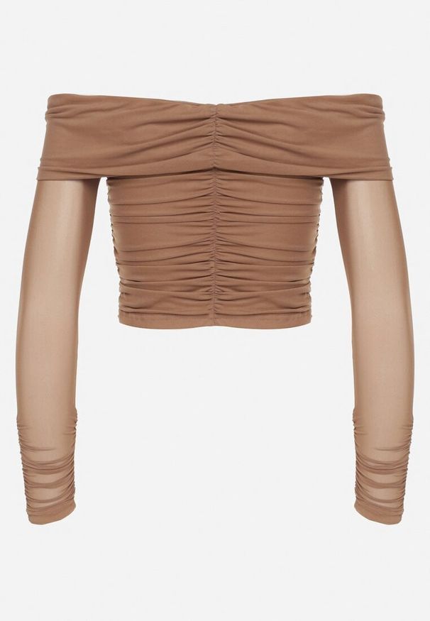 Born2be - Ciemnobeżowa Siateczkowa Bluzka VICES z Odkrytymi Ramionami Ozdobiona Marszczeniem Tuvita. Okazja: na co dzień. Kolor: beżowy. Materiał: jeans. Wzór: aplikacja. Styl: casual