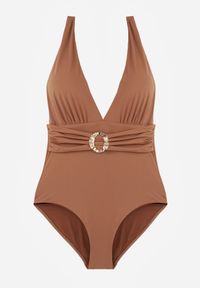 Born2be - Brązowy Jednoczęściowy Strój Kąpielowy z Marszczeniem i Imitacją Paska z Klamrą Tinryss. Kolekcja: plus size. Kolor: brązowy. Długość: długie #2