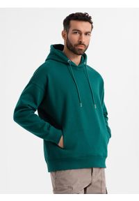 Ombre Clothing - Dresowa bluza unisex z kieszeniami i kapturem – ciemnozielona V17 OU-SNBC-0105 - XL/XXL. Okazja: na co dzień. Typ kołnierza: kaptur. Kolor: zielony. Materiał: dresówka. Wzór: aplikacja. Styl: casual #4