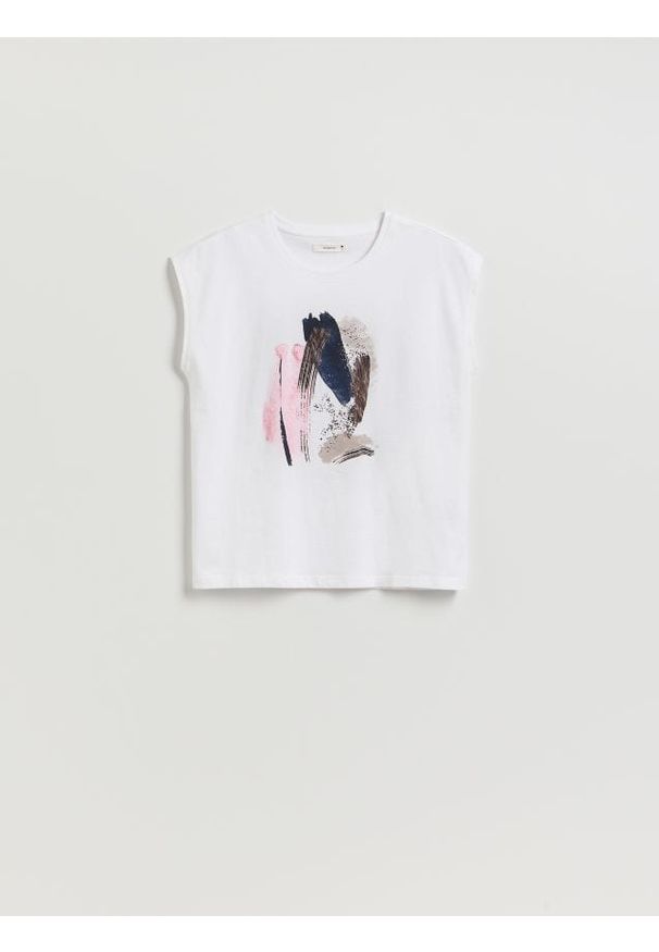 Reserved - Bluzka z nadrukiem - biały. Kolor: biały. Materiał: bawełna. Wzór: nadruk