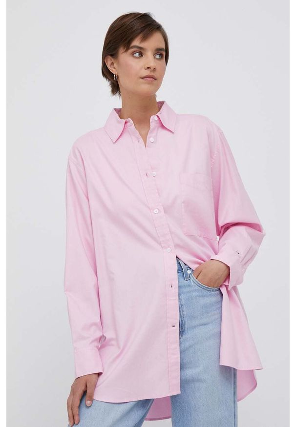 TOMMY HILFIGER - Tommy Hilfiger koszula bawełniana damska kolor różowy relaxed z kołnierzykiem klasycznym. Typ kołnierza: kołnierzyk klasyczny. Kolor: różowy. Materiał: bawełna. Styl: klasyczny