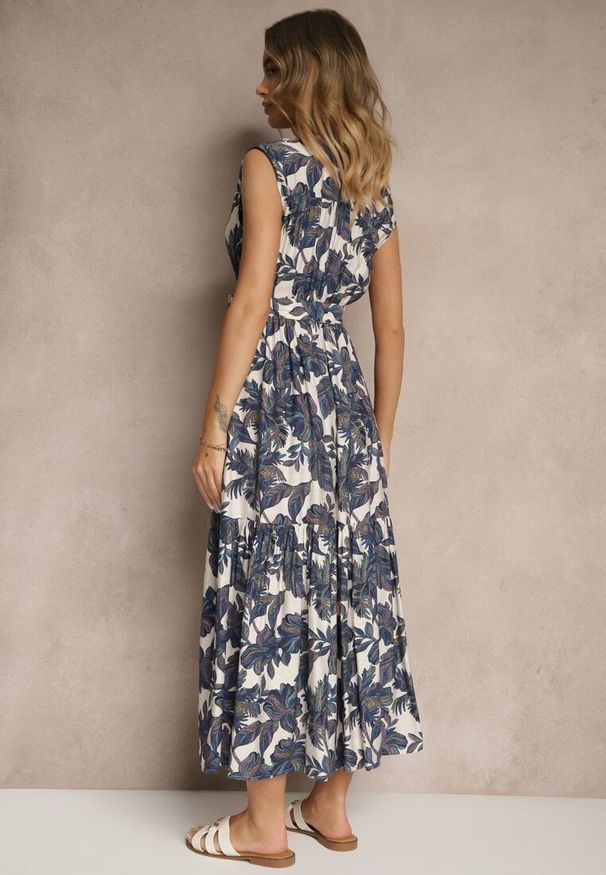 Renee - Niebieska Wiskozowa Sukienka o Rozkloszowanym Kroju Bez Rękawów z Wiązaniem Revalisse. Okazja: na co dzień, na imprezę. Typ kołnierza: dekolt w kształcie V. Kolor: niebieski. Materiał: wiskoza. Długość rękawa: bez rękawów. Typ sukienki: rozkloszowane, proste. Styl: casual, elegancki