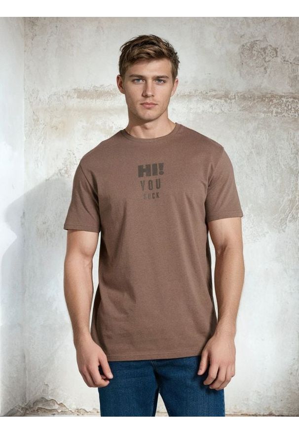 Sinsay - Bawełniana koszulka z nadrukiem - brązowy. Kolor: brązowy. Materiał: bawełna. Wzór: nadruk