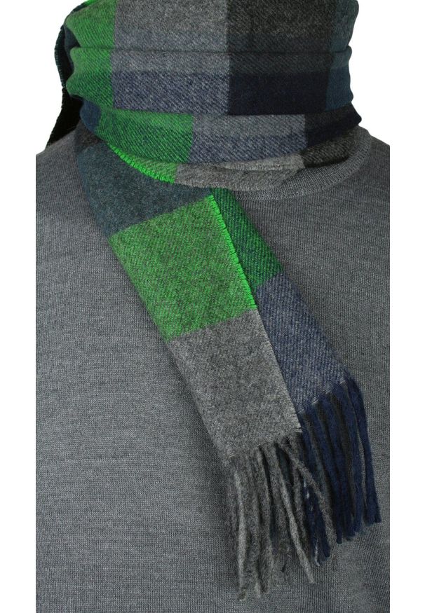V. Fraas - Szalik Wełniany z Frędzlami, Zielono-Granatowy w Kratkę, Ciepły, Męski -V. FRAAS. Kolor: niebieski. Materiał: wełna. Wzór: kratka. Sezon: zima, lato, jesień. Styl: elegancki, klasyczny