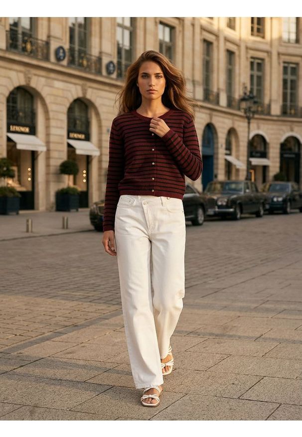 Sinsay - Rozpinany sweter w paski - bordowy. Kolor: czerwony. Wzór: paski