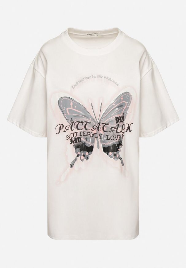 Born2be - Biały T-shirt Oversize z Bawełny z Nadrukiem z Motylem Nonatira. Okazja: na spacer. Kolor: biały. Materiał: bawełna. Wzór: nadruk. Styl: klasyczny, elegancki