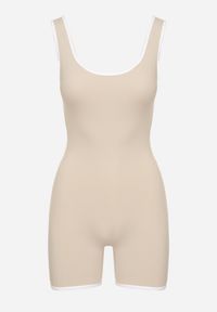 Born2be - Beżowy Kombinezon w Sportowym Stylu z Efektem Push Up i Ozdobną Lamówką Lunarella. Okazja: na co dzień. Kolor: beżowy. Materiał: jeans. Długość rękawa: na ramiączkach. Styl: sportowy #3