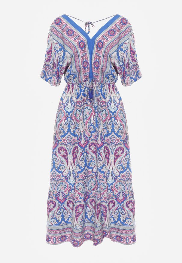 Renee - Niebiesko-Fuksjowa Wiskozowa Sukienka Maxi z Gumką w Pasie Ozdobiona Wzorem Paisley Larite. Okazja: na co dzień, na randkę. Typ kołnierza: dekolt w kształcie V. Kolor: niebieski. Wzór: aplikacja, paisley. Typ sukienki: rozkloszowane. Materiał: wiskoza. Sezon: lato. Styl: casual. Długość: maxi