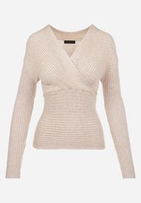 Born2be - Beżowy Sweter Kopertowy z Prążkowanej Dzianiny Zaki. Okazja: na co dzień. Kolor: beżowy. Materiał: dzianina, prążkowany. Długość rękawa: długi rękaw. Długość: długie. Styl: elegancki, casual, rockowy #5
