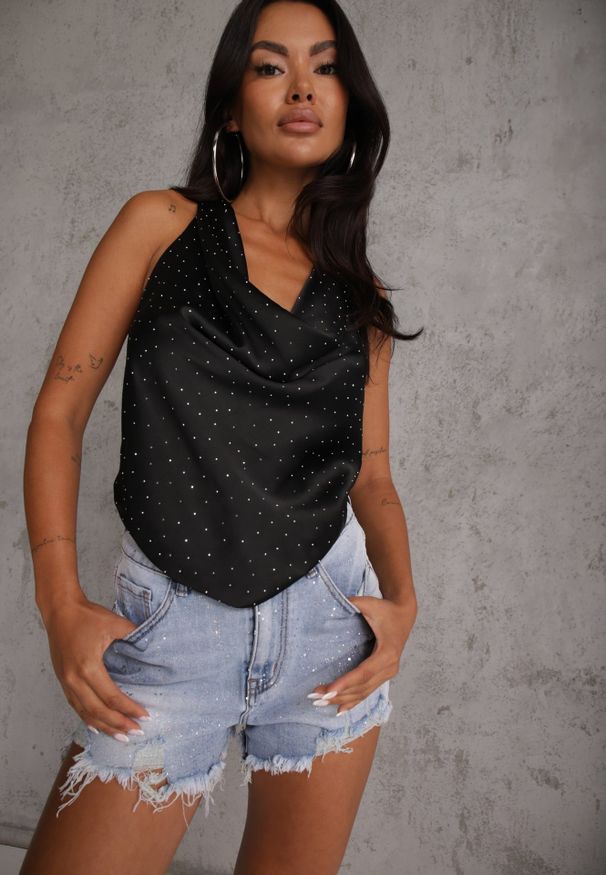 Renee - Niebieskie Szorty Jeansowe z Bawełną High Waist z Brokatem i Przetarciami Amatonice. Okazja: na spacer. Stan: podwyższony. Kolor: niebieski. Materiał: bawełna, jeans. Sezon: lato