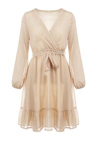 Born2be - Beżowa Sukienka Pronestra. Kolor: beżowy. Materiał: tkanina, materiał. Wzór: gładki. Typ sukienki: kopertowe. Styl: elegancki. Długość: mini #6