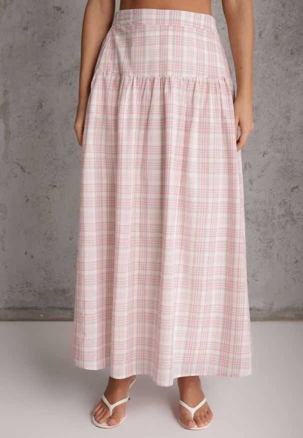 Renee - Różowy Bawełniany Komplet Rozkloszowana Spódnica i Bluzka z Wiązaniem Allisa. Kolor: różowy. Materiał: bawełna. Wzór: kratka