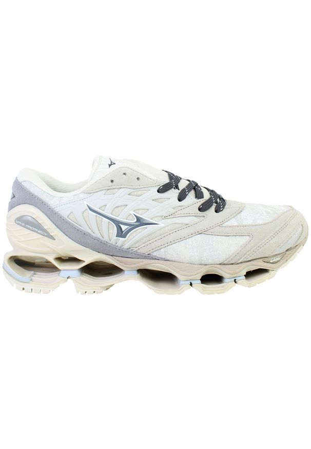 Buty sportowe Mizuno z niebieskiej skóry. Kolor: wielokolorowy, niebieski, szary. Materiał: skóra. Sezon: lato. Sport: bieganie, fitness