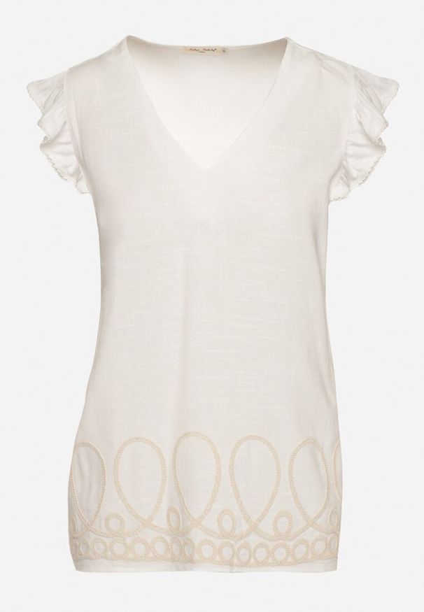 Born2be - Biała Bluzka z Wiskozą i Lnem Ozdobiona Haftem i Falbanami Harivna. Okazja: na co dzień. Kolor: biały. Materiał: wiskoza, len. Wzór: aplikacja, haft. Styl: elegancki, casual