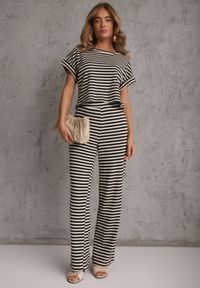 Renee - Beżowo-Czarny Komplet z Dzianiny w Paski z Bawełną Bluzka z Krótkim Rękawem i Spodnie Akiseithe. Kolor: beżowy. Materiał: bawełna, dzianina. Wzór: paski #5