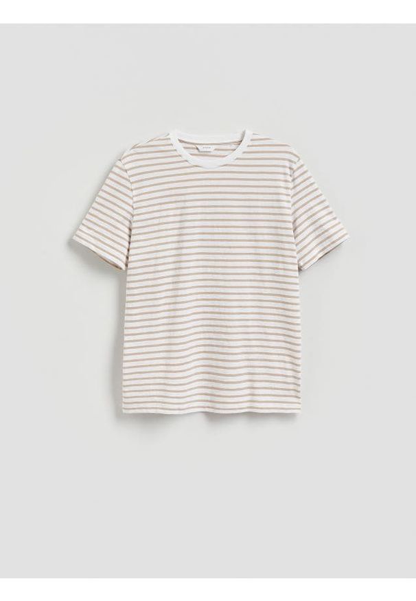 Reserved - T-shirt regular w paski - beżowy. Kolor: beżowy. Materiał: bawełna, dzianina. Wzór: paski