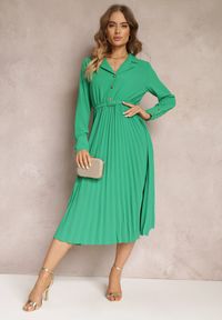 Renee - Zielona Koszulowa Sukienka z Paskiem i Plisowanym Dołem Walisa. Kolor: zielony. Materiał: materiał. Typ sukienki: koszulowe #3