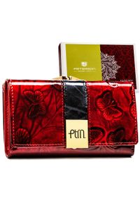 Czerwony portfel damski z lakierowanej skóry naturalnej z ozdobnym tłoczeniem - Peterson. Kolor: czerwony. Materiał: lakier, skóra #1