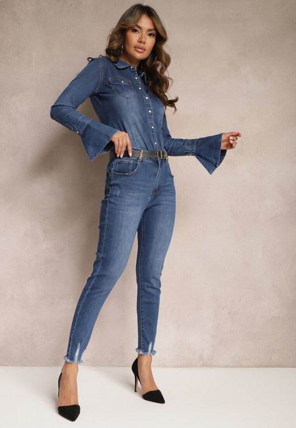 Renee - Granatowe Jeansy Skinny z Przedarciami i Łańcuszkami na Szlufkach Reila. Kolor: niebieski. Wzór: aplikacja
