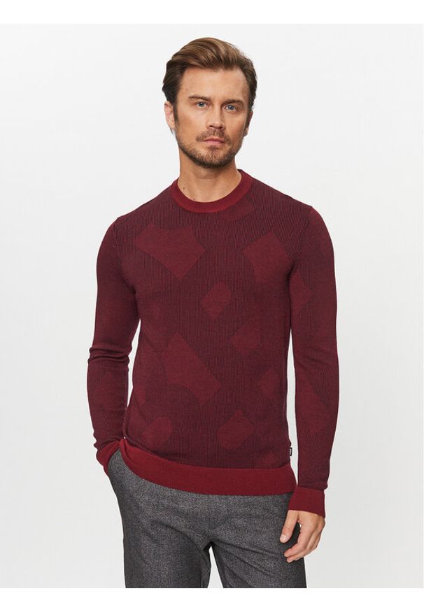 BOSS - Boss Sweter Motivo DARK RED Bordowy Regular Fit. Kolor: czerwony. Materiał: wełna