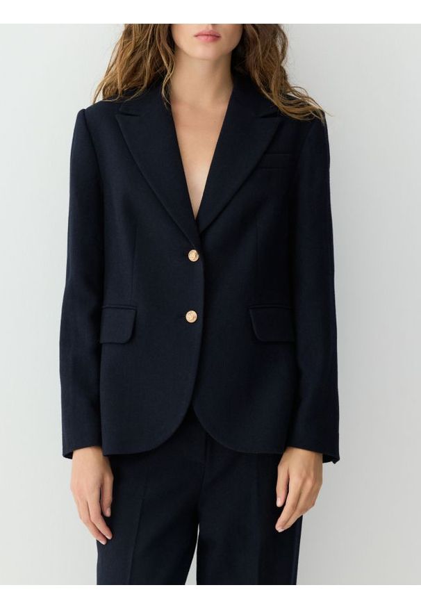 Reserved - Jednorzędowa marynarka z wełną - granatowy. Kolor: niebieski. Materiał: wełna