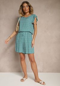 Renee - Zielony Komplet z Bawełny Zdobiony Etnicznym Printem T-shirt i Szorty Sarilena. Kolor: zielony. Materiał: bawełna. Wzór: aplikacja, nadruk