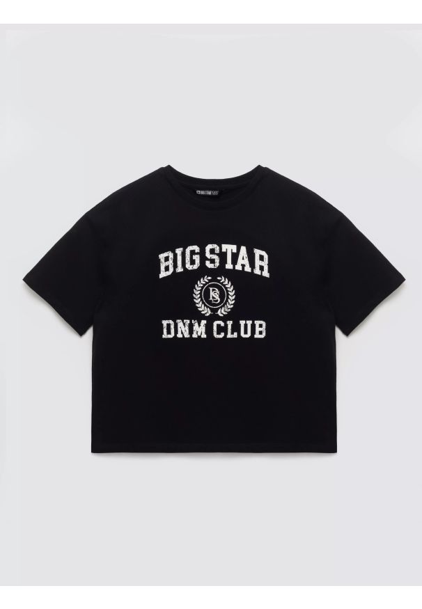 Big-Star - Koszulka dziewczęca z nadrukiem czarna Minka 906. Okazja: na co dzień, na uczelnię. Kolor: czarny. Materiał: dzianina, bawełna, jeans. Długość: krótkie. Wzór: nadruk. Styl: sportowy, casual, młodzieżowy