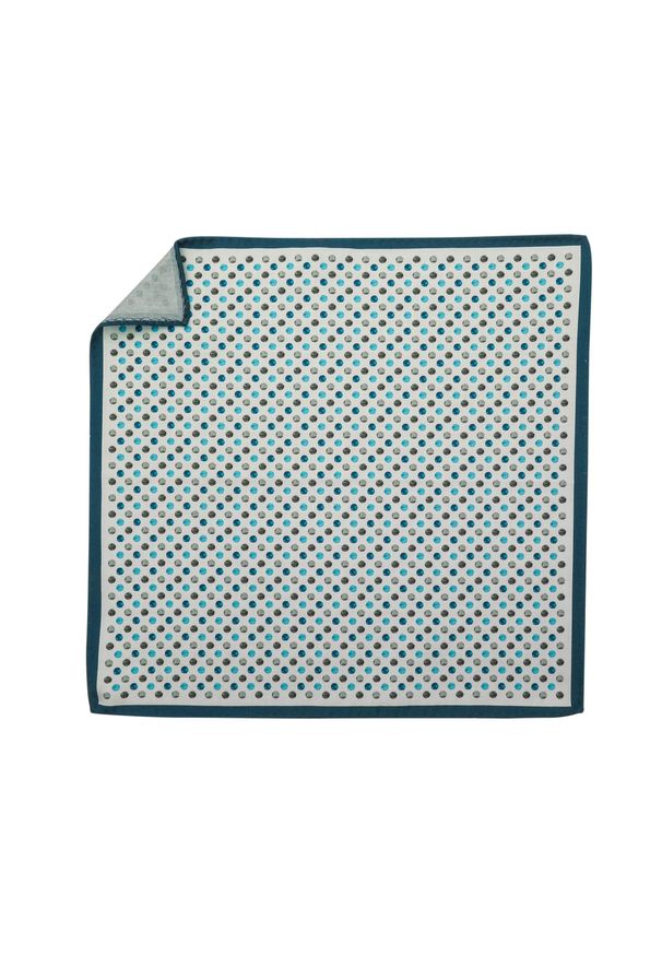 Adam Collection - Jedwabna biała poszetka w niebieskie i szare kropki EJ22. Kolor: szary, biały, wielokolorowy, niebieski. Materiał: jedwab. Wzór: kropki