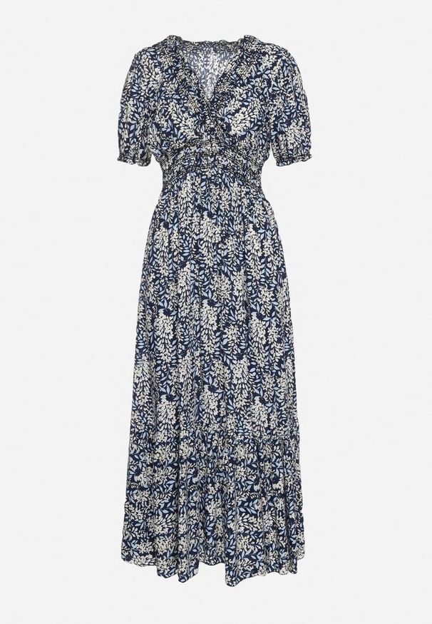 Born2be - Granatowa Bawełniana Sukienka z Bufiastymi Rękawami z Gumką w Talii i Falbaną Vimaliana. Okazja: na spacer, na co dzień. Typ kołnierza: dekolt w kształcie V. Kolor: niebieski. Materiał: bawełna. Styl: casual, elegancki, klasyczny