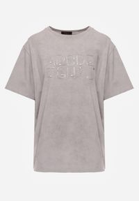 Renee - Szary Bawełniany T-shirt Oversize z Haftowanym Napisem z Cekinami Talomora. Okazja: na imprezę, na co dzień. Kolor: szary. Materiał: bawełna. Wzór: haft, napisy. Styl: rockowy, casual #7