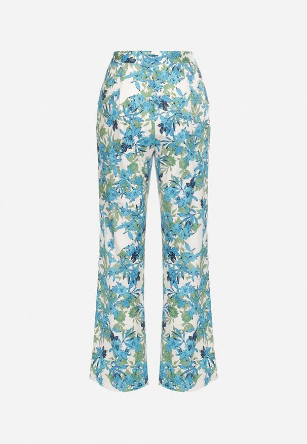 Born2be - Niebiesko-Białe Spodnie z Szerokimi Nogawkami z Wysokim Stanem w Kwiecisty Wzór Kastaria. Stan: podwyższony. Kolor: niebieski. Materiał: tkanina. Styl: elegancki, klasyczny