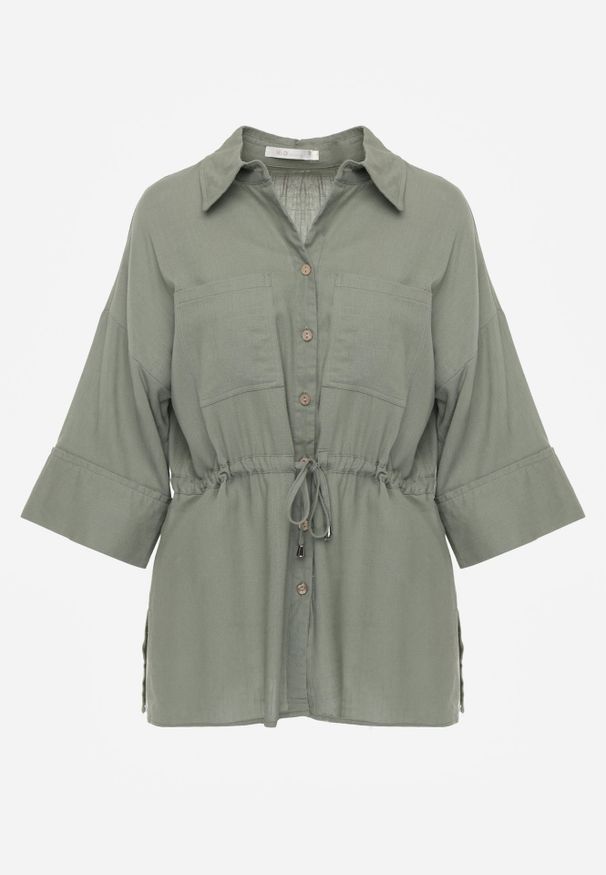 Renee - Zielona Koszula z Lnem Bawełną i Szerokimi Rękawami Moontwist. Okazja: na co dzień. Kolor: zielony. Materiał: bawełna, len. Styl: casual