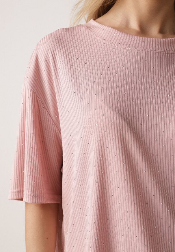 Born2be - Różowy Komplet Oversize z Cyrkoniami T-shirt i Spodnie Arnatea. Kolor: różowy. Wzór: aplikacja