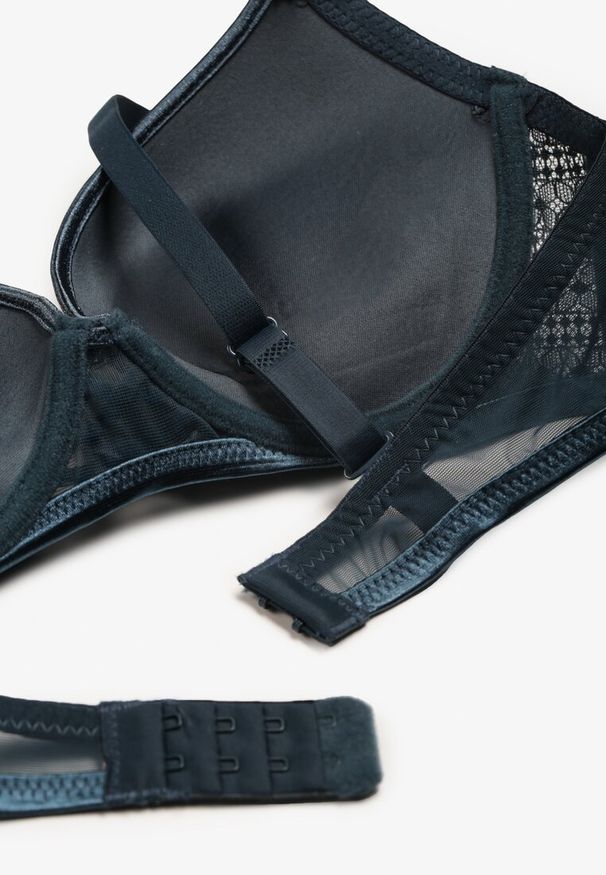 Born2be - Ciemnozielony Biustonosz Push Up z Przeszyciami i Wzorem w Kropki Azurelle. Kolor: zielony. Materiał: koronka. Rodzaj stanika: push-up. Wzór: kropki