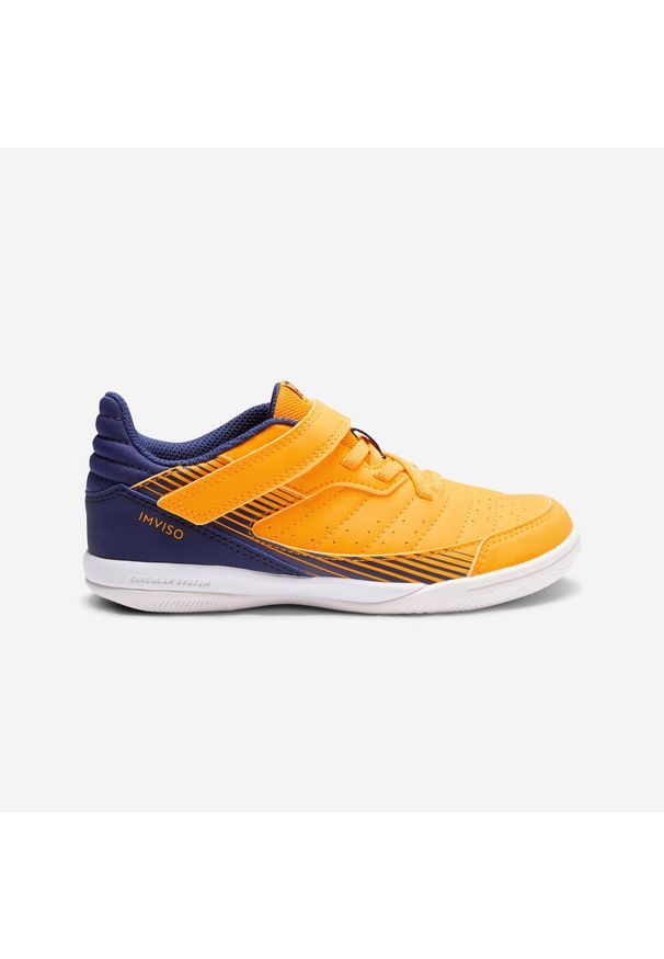 KIPSTA - Buty do piłki nożnej halowej futsal dla dzieci Kipsta ESKUDO 500 KD. Kolor: żółty, pomarańczowy, wielokolorowy, niebieski. Materiał: kauczuk. Wzór: gładki