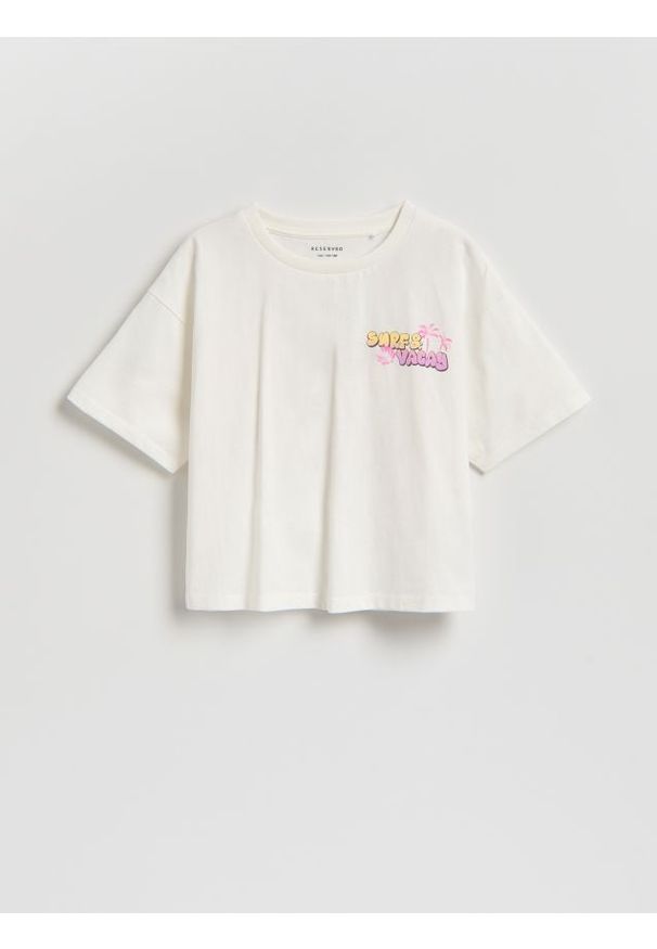 Reserved - Luźny t-shirt z nadrukiem - złamana biel. Materiał: bawełna. Wzór: nadruk