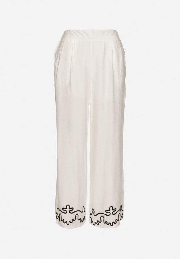 Born2be - Białe Szerokie Spodnie z Wiskozy z Lnem Ozdobione Przeszyciami Fenerisa. Okazja: na co dzień. Stan: podwyższony. Kolor: biały. Materiał: wiskoza, len. Wzór: aplikacja. Sezon: wiosna, lato. Styl: casual, elegancki