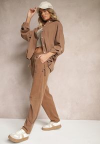 Renee - Brązowe Spodnie z Bawełny High Waist Galili. Okazja: na co dzień. Stan: podwyższony. Kolor: brązowy. Materiał: bawełna. Styl: klasyczny, casual, elegancki