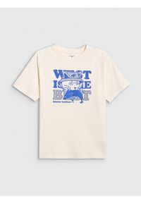 4f - 4F T-shirt loose z nadrukiem chłopięcy - biały 152 (11-12 lat). Okazja: na co dzień, na uczelnię. Kolor: biały. Materiał: dzianina, bawełna, materiał. Wzór: nadruk. Sezon: lato. Styl: casual #1