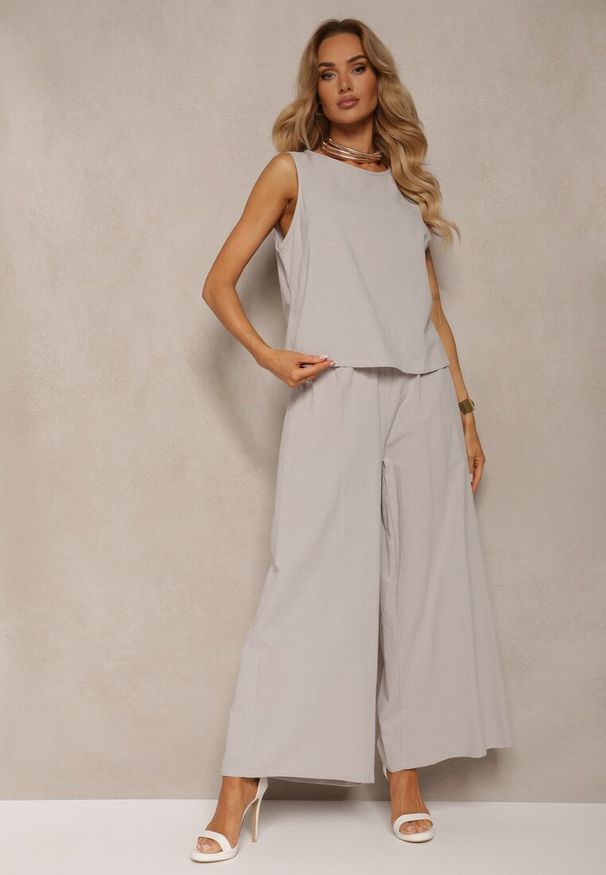 Renee - Szary Komplet z Bawełny Spodnie Culottes i Luźny Top Tinelia. Kolor: szary. Materiał: bawełna. Wzór: aplikacja